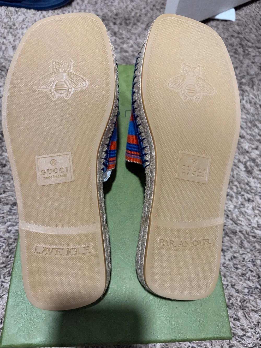Gucci Orange and Blue Striped Logo Slide Sandals